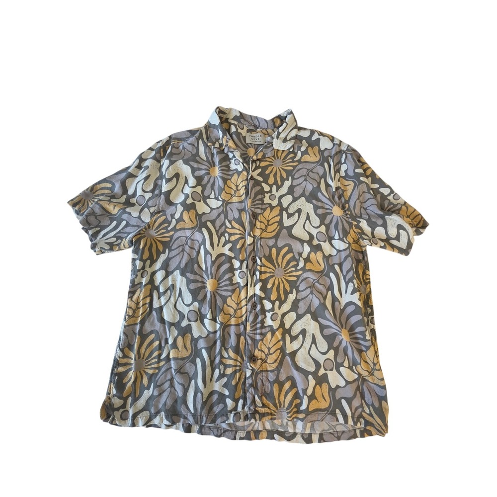 Thread Wave‎ Button Down Floral Camp Shirt L Grey Yellow Boho Tropical Summer